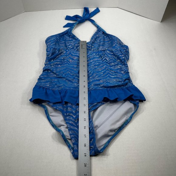 Justice Swim Girl's Size 18 One Piece Swim Suit Tie Neck Blue Preowned - Picture 9 of 11